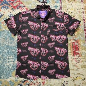 Retro Rifle Shirt Mens Large Black Neon Sloth Stretch Button Up Tropical Print